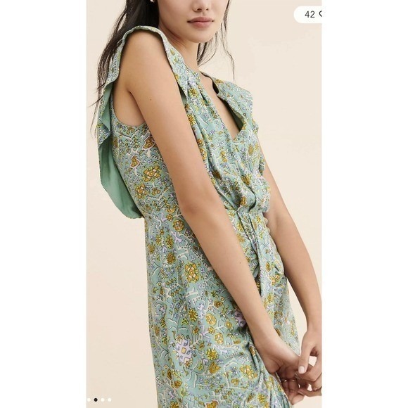 Anthropologie Women's Maeve Blossom Ruffled Mini Dress Sage Floral Draped Sz 12 - Picture 3 of 12
